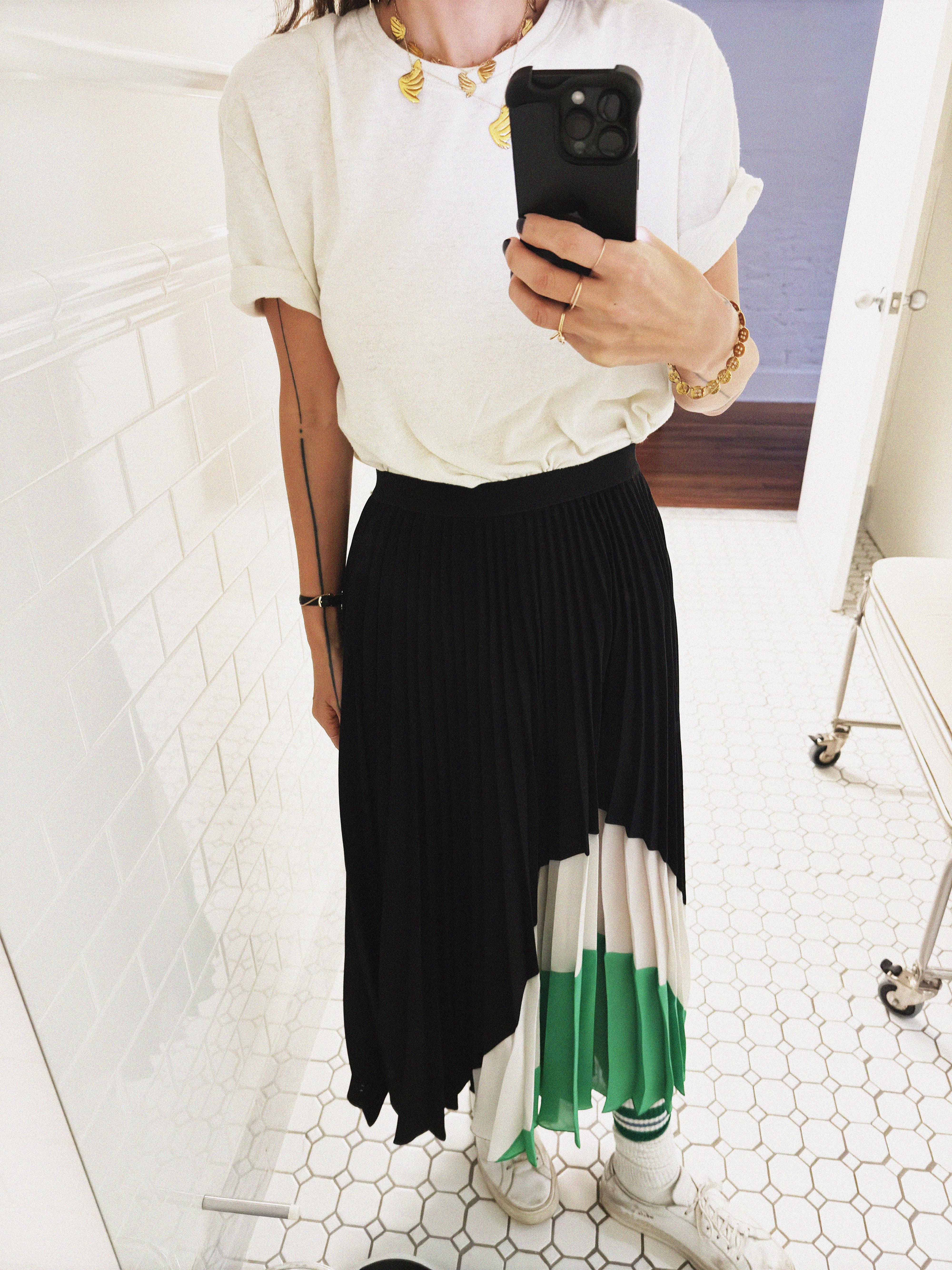 →GRAPHIC COLORBLOCK PLEATED LONG SKIRT← SANG A SELECTS