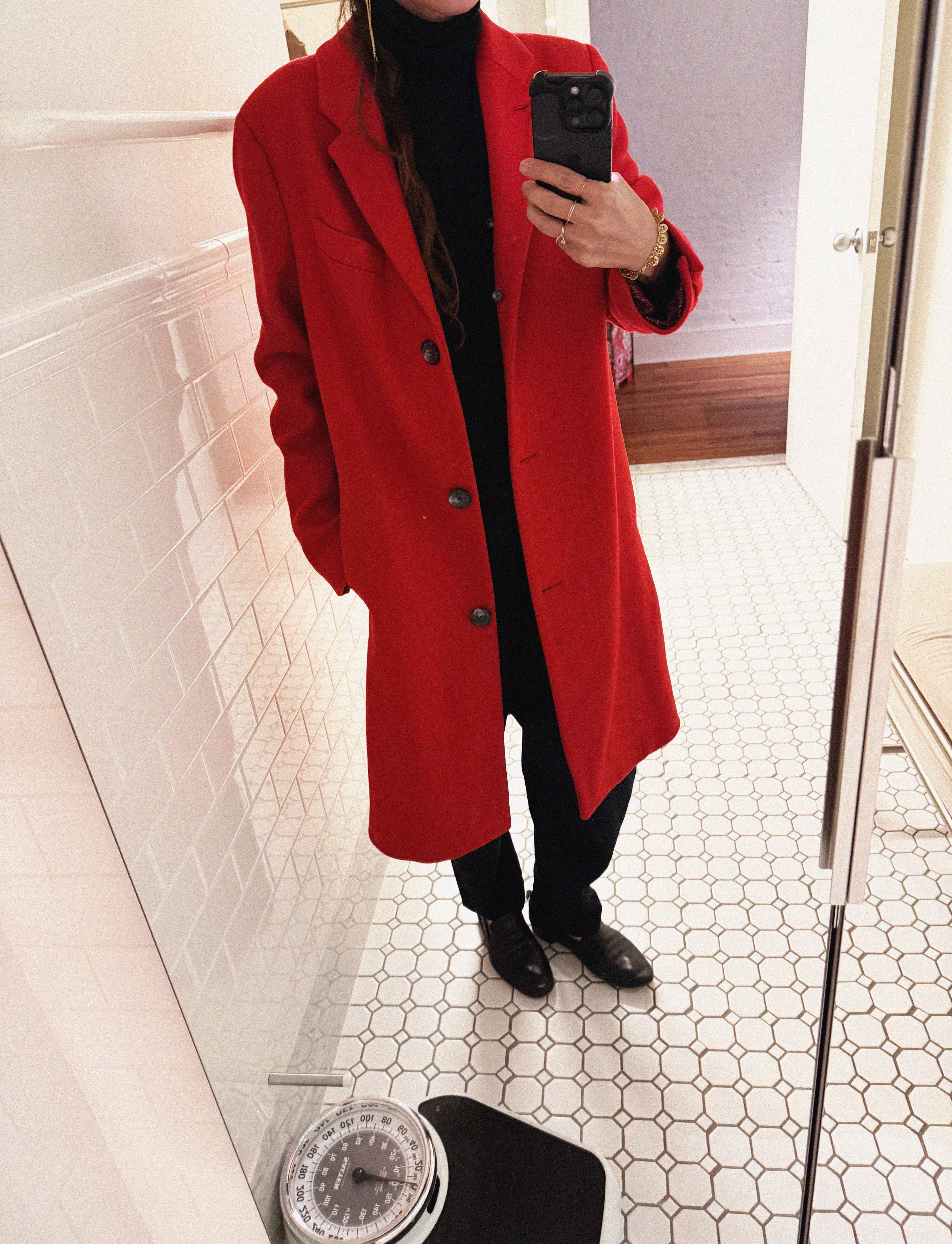 →RED WOOL COAT WITH REMOVABLE SHEARLING COLLAR ← SANG A SELECTS