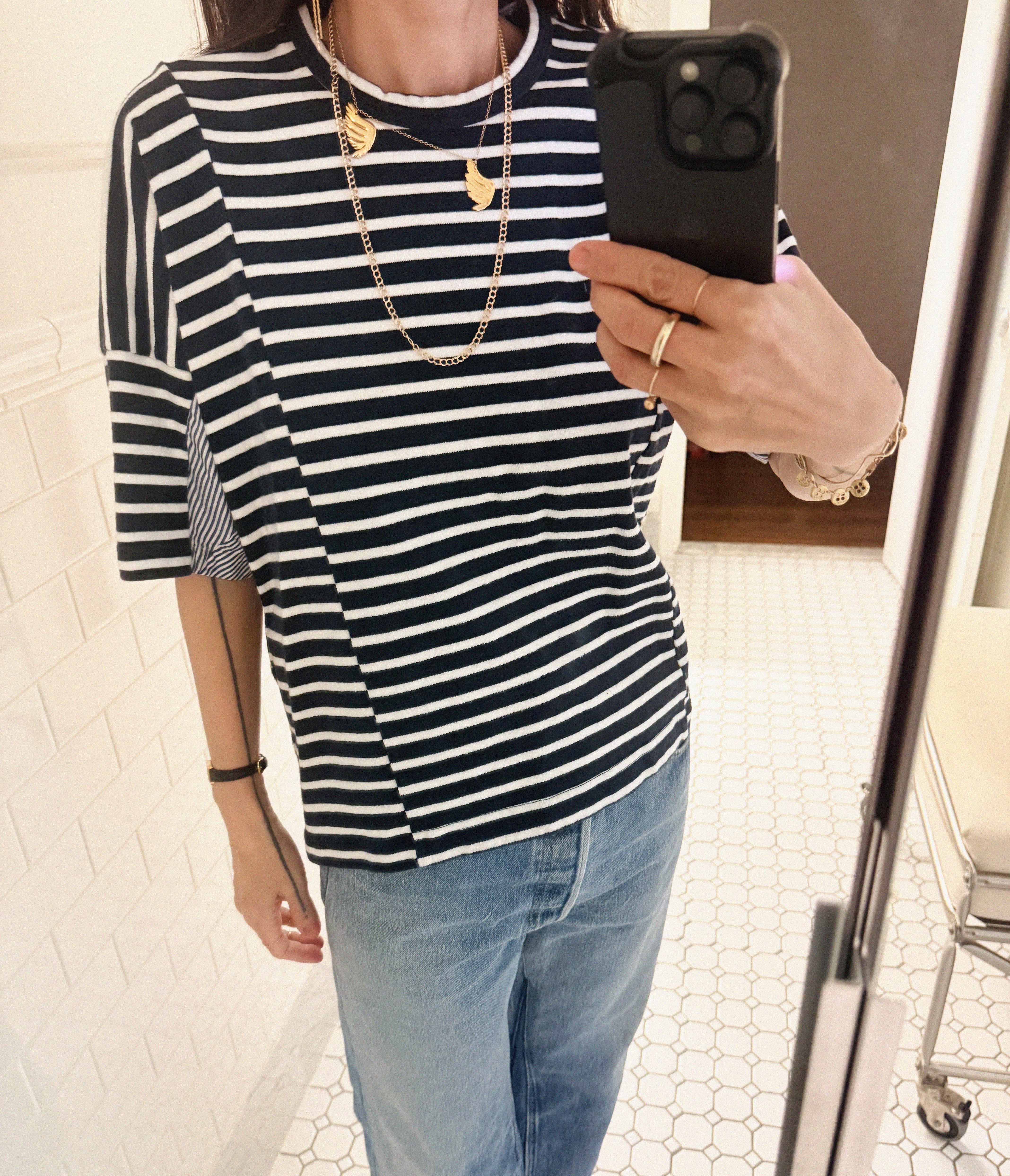 →SACAI SIGNATURE 2-TONE PATCHWORK STRIPE T-SHIRT← SANG A SELECTS