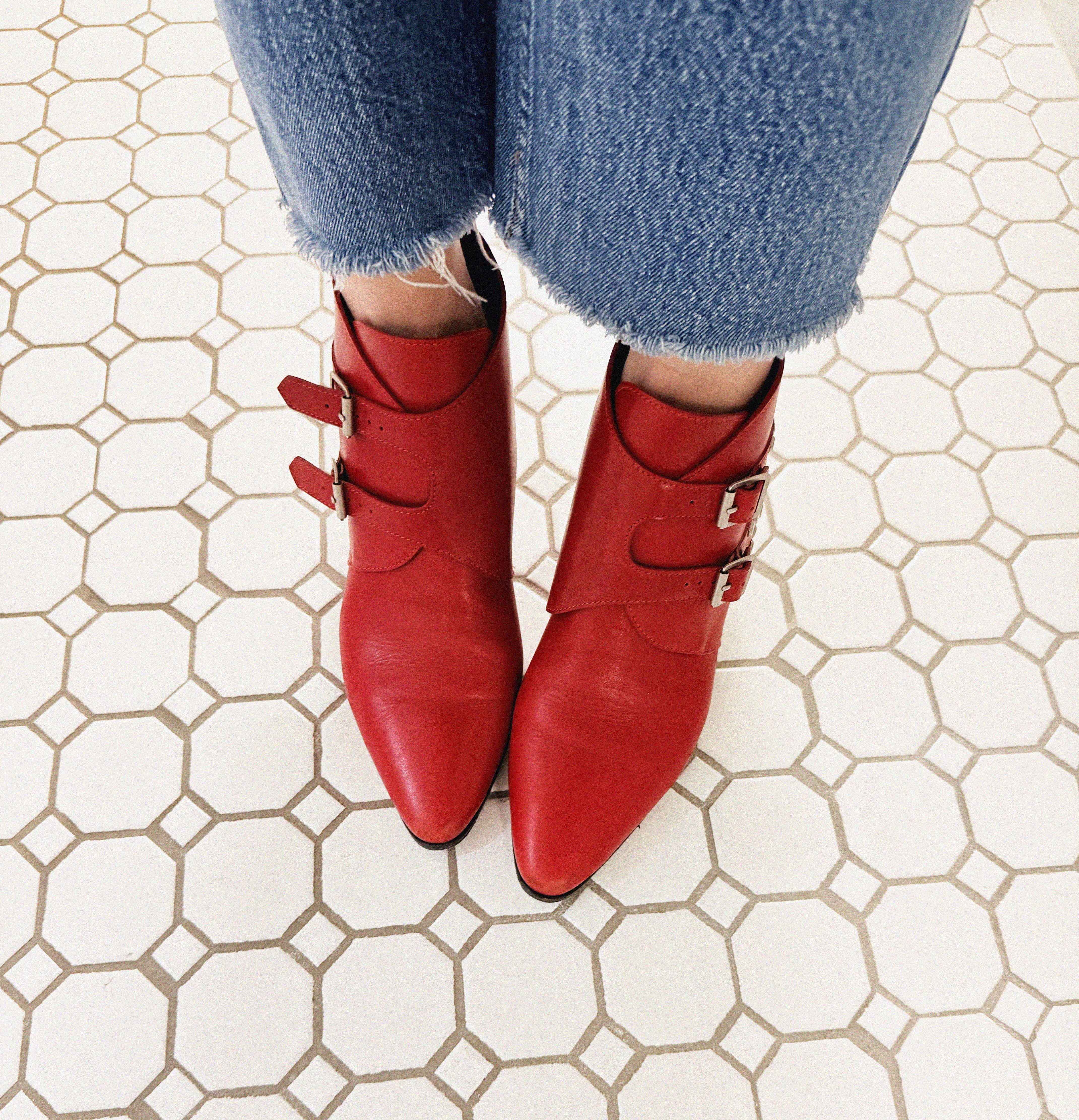 →SAINT LAURENT RED ANKLE BOOTS← SANG A SELECTS