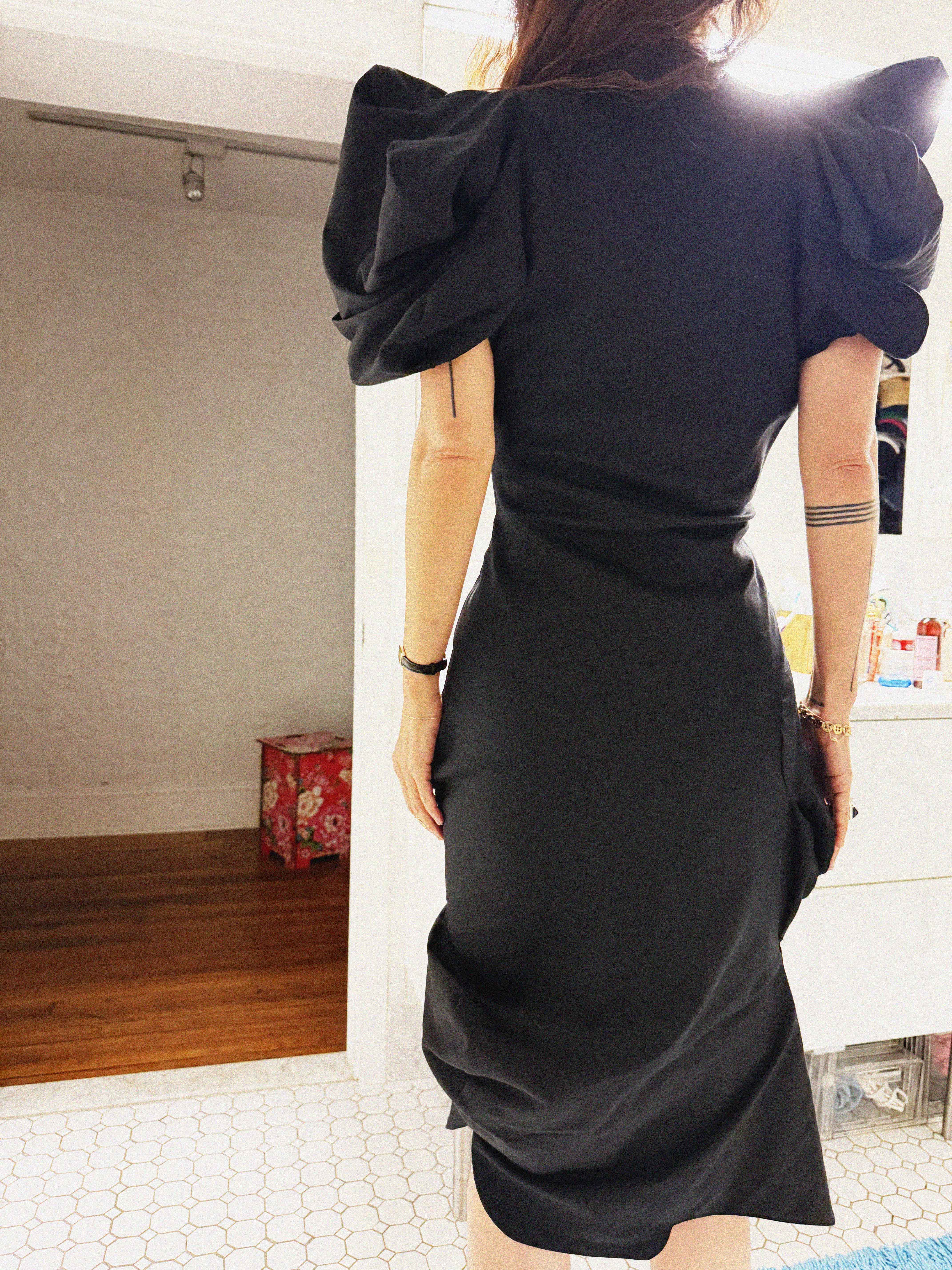 →VIVIENNE WESTWOOD BLACK SCULPTURAL SLEEVE MIDI DRESS← SANG A SELECTS